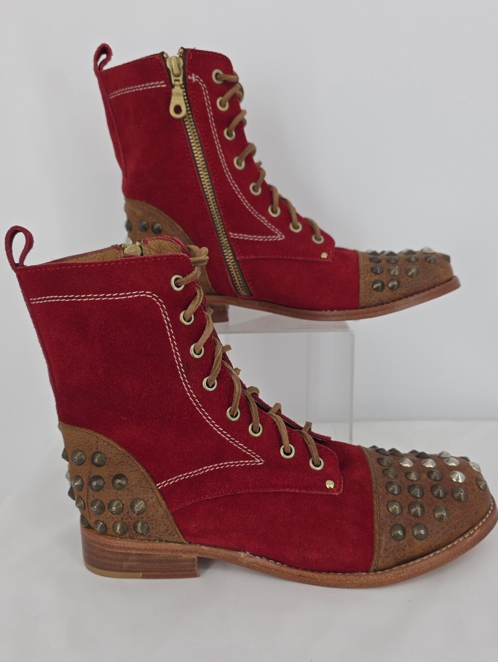 Luka by Luka Prado Womens 10 Red Suede Studded Combat Boots Handcrafted Mexico